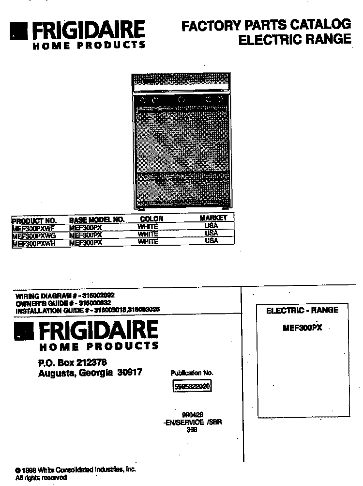 COVER Diagram and Parts List for MEF300PXWF  Frigidaire Range
