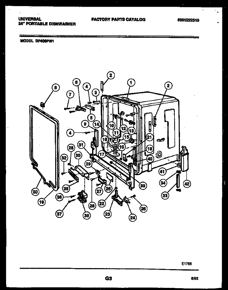 TUB AND FRAME PARTS Diagram and Parts List for DP400PW1  Tappan Dishwasher
