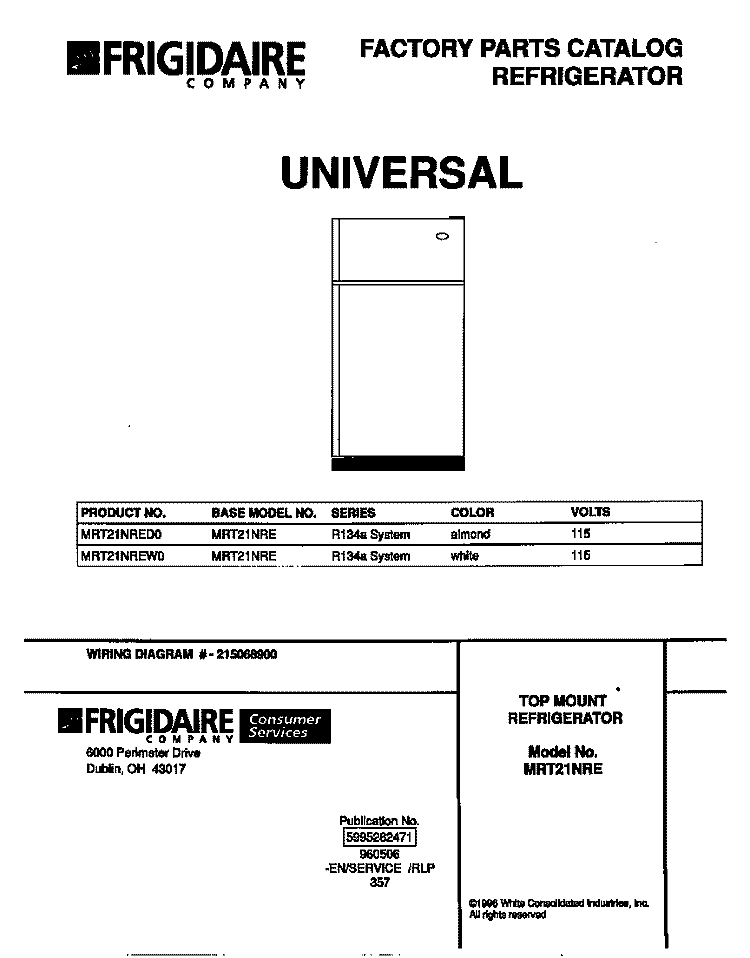 COVER Diagram and Parts List for MRT21NREW0  Frigidaire Refrigerator