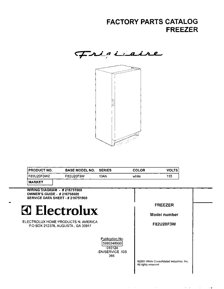 COVER Diagram and Parts List for F82U20F3W2  Frigidaire Freezer
