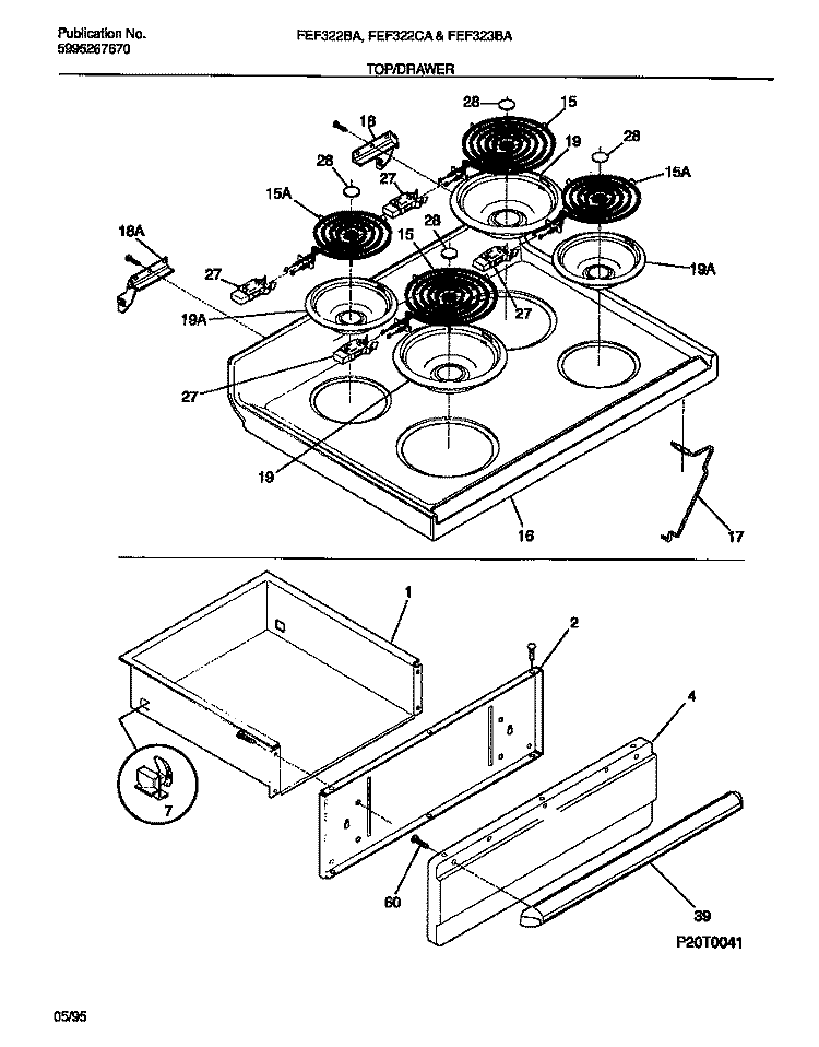 TOP / DRAWER Diagram and Parts List for FEF322BADC  Frigidaire Range