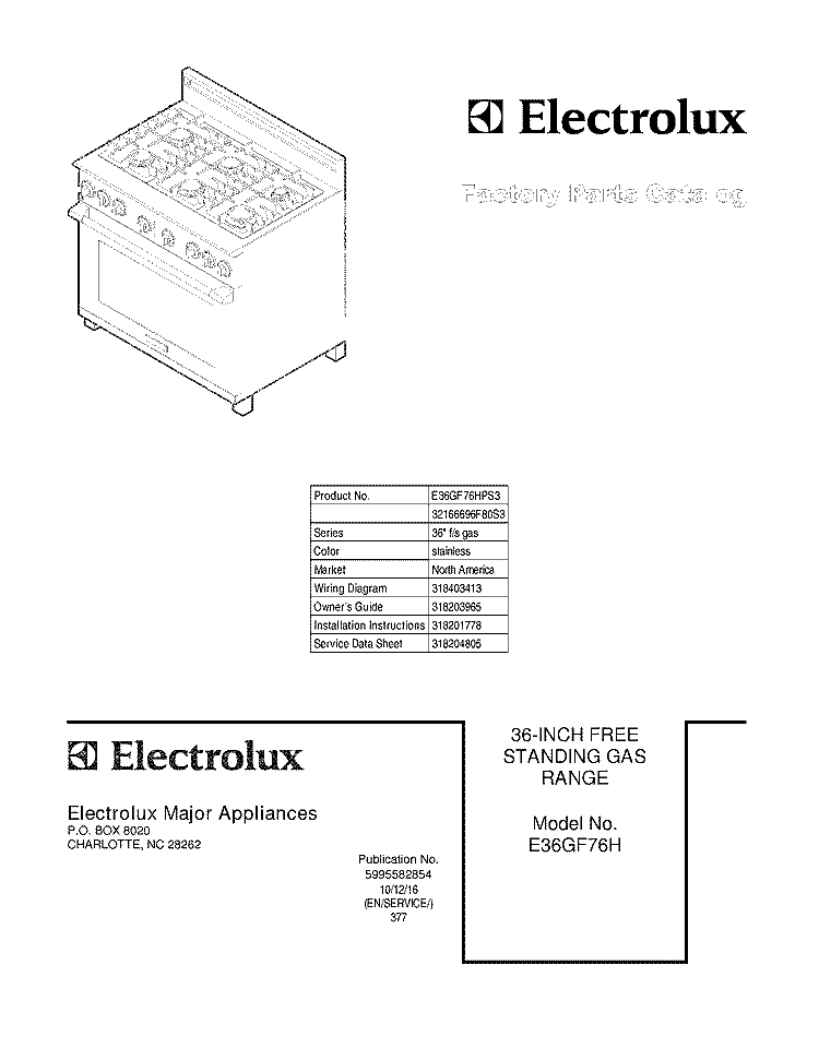 COVER Diagram and Parts List for E36GF76HPS3  Electrolux Range
