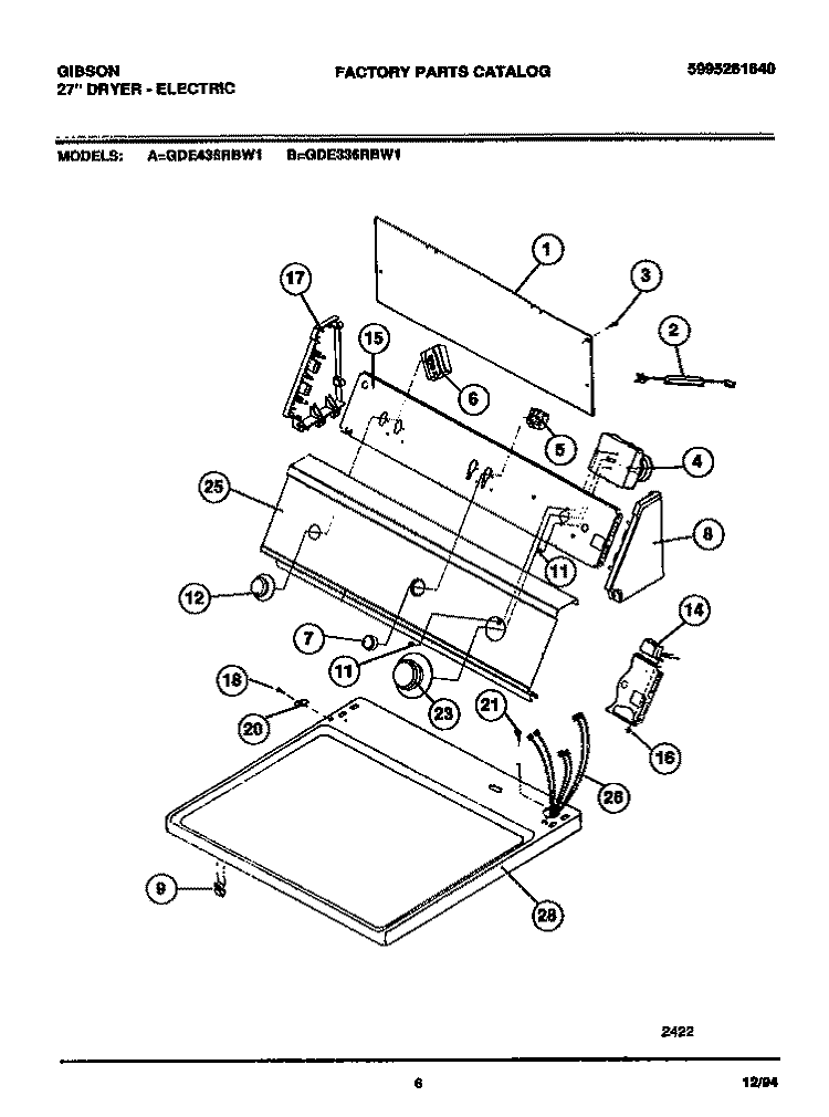 CONSOLE, CONTROLS, TOP PANEL Diagram and Parts List for GDE336RBD1  Gibson Dryer