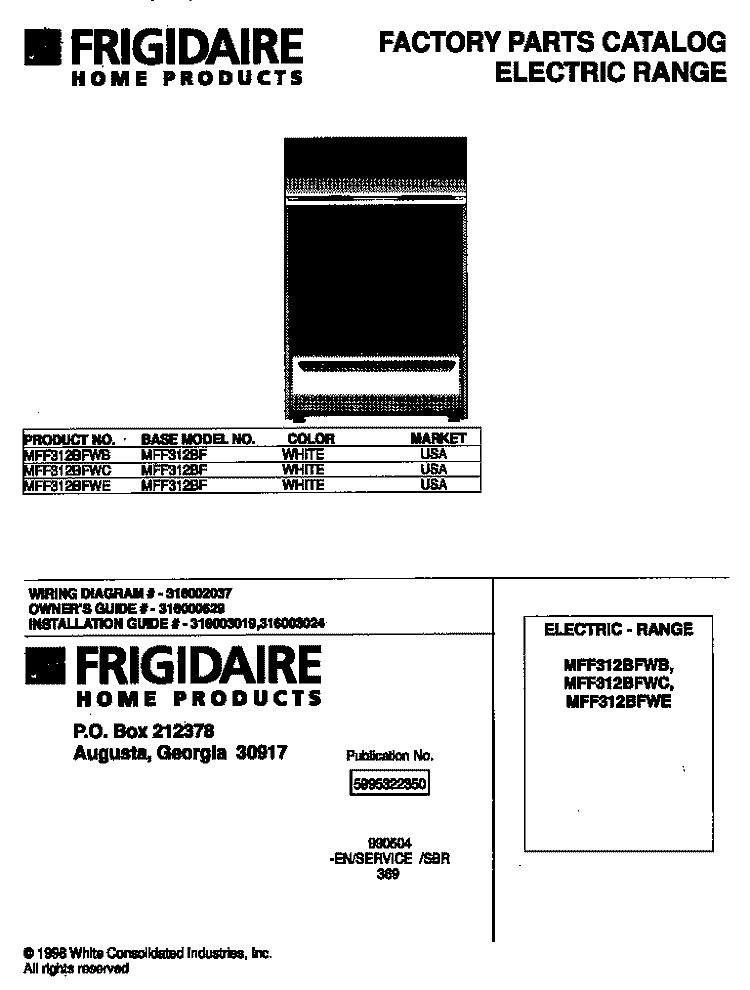 COVER Diagram and Parts List for MFF312BFWB  Frigidaire Range
