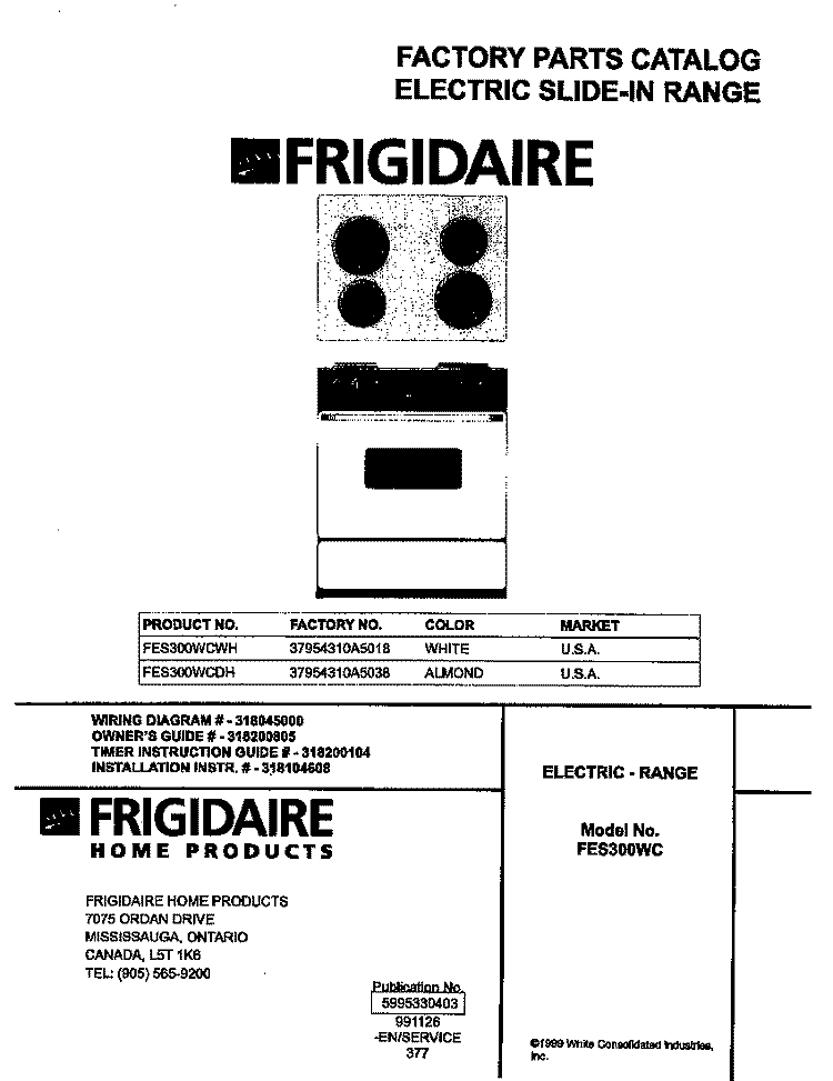 COVER Diagram and Parts List for FES300WCDH  Frigidaire Range