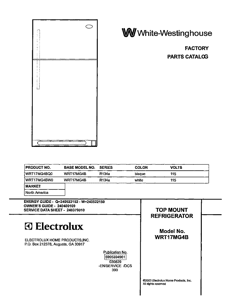 COVER Diagram and Parts List for WRT17MG4BQ0  Westinghouse Refrigerator