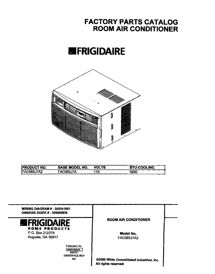 COVER Diagram and Parts List for FAC065J7A2  Frigidaire Air Conditioner