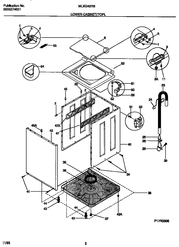 LOWER CABINET / TOP Diagram and Parts List for MLXG42RBW2  Frigidaire Washer Dryer Combo