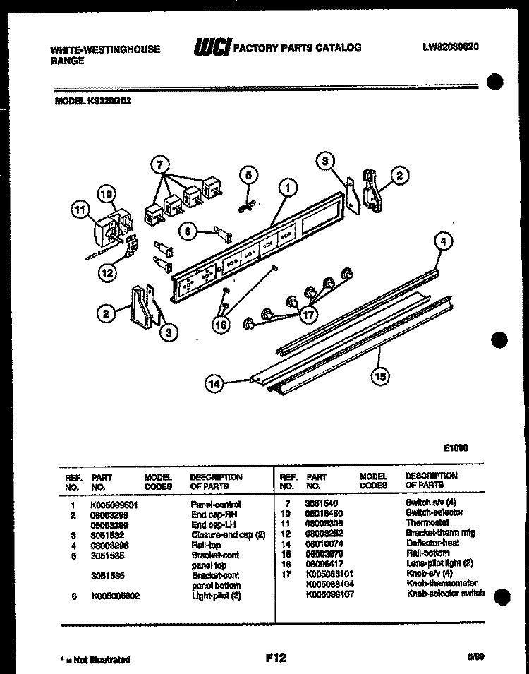 CONTROL PANEL Diagram and Parts List for KS220GD2  Frigidaire Range