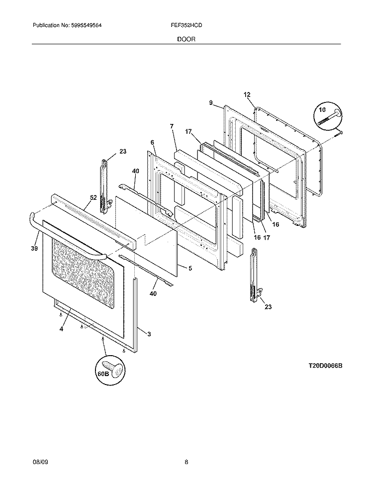 DOOR Diagram and Parts List for FEF352HCD  Frigidaire Range