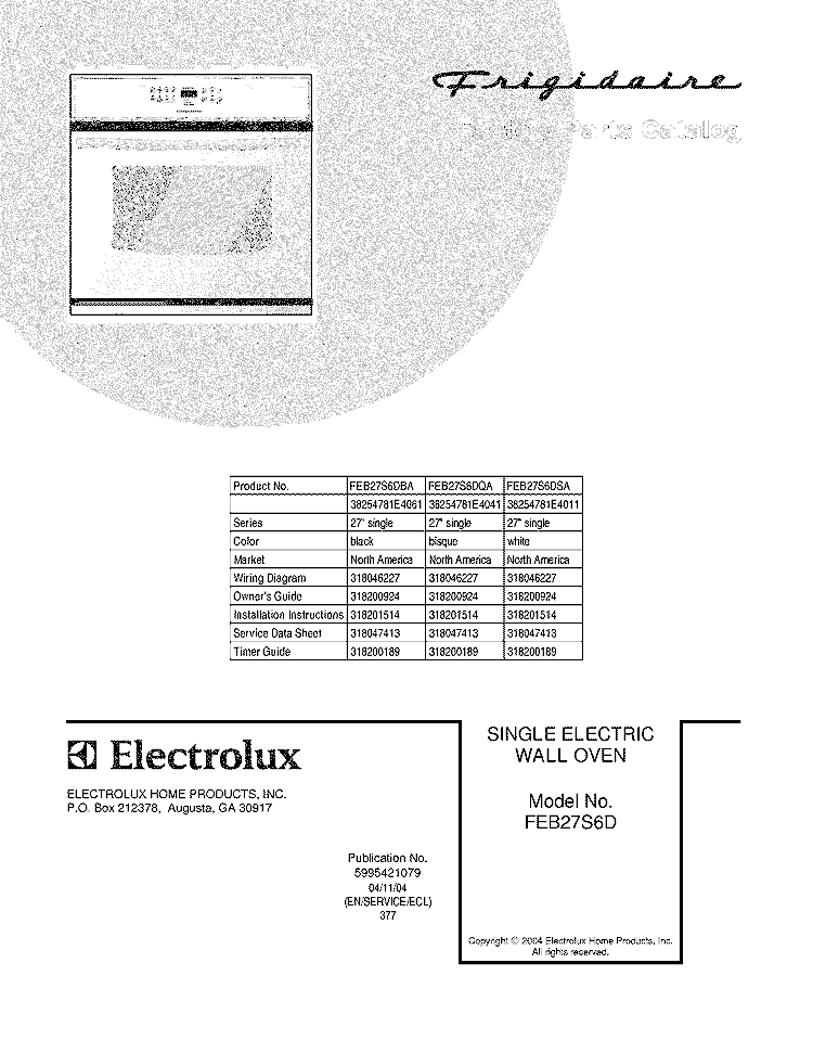 COVER Diagram and Parts List for FEB27S6DSA  Frigidaire Wall Oven