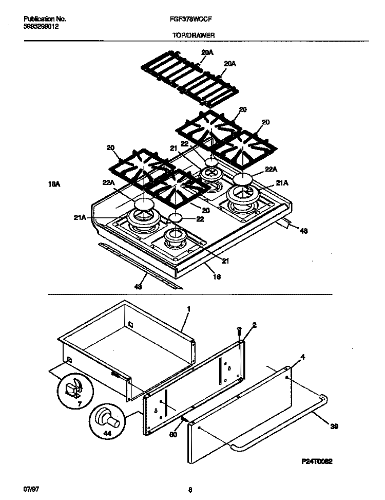 TOP / DRAWER Diagram and Parts List for FGF378WCCF  Frigidaire Range