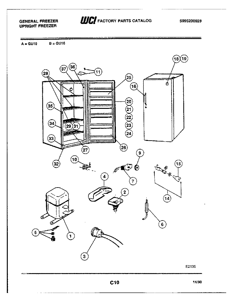 DOOR / CABINET / SYSTEM Diagram and Parts List for GU10  Frigidaire Freezer