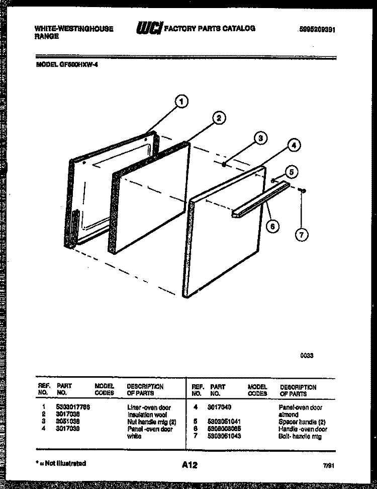 DOOR PARTS Diagram and Parts List for GF600HXW4  Frigidaire Range