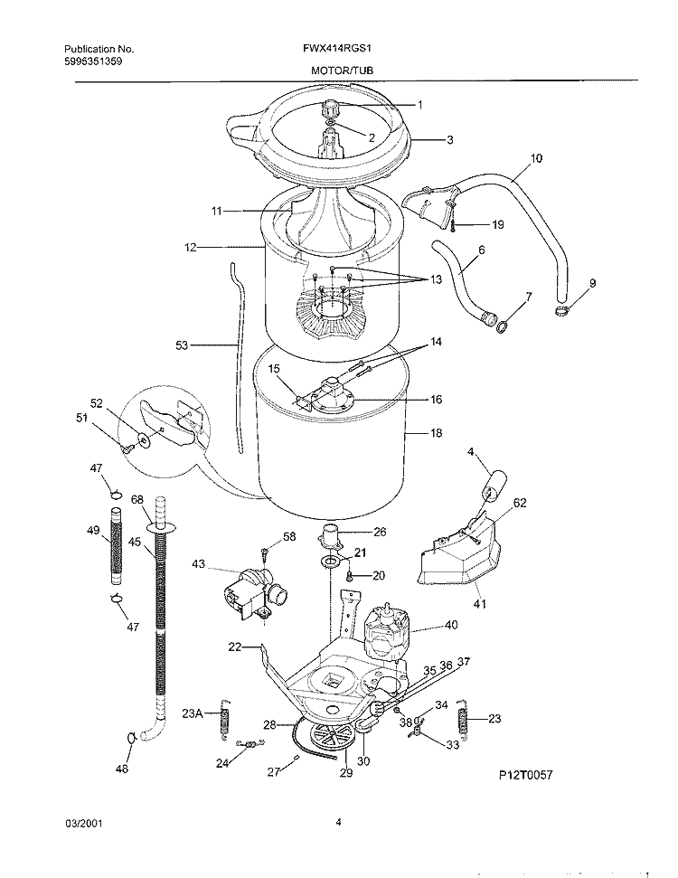 WSHR MTR, HOSE Diagram and Parts List for FWX414RGS1  Frigidaire Washer