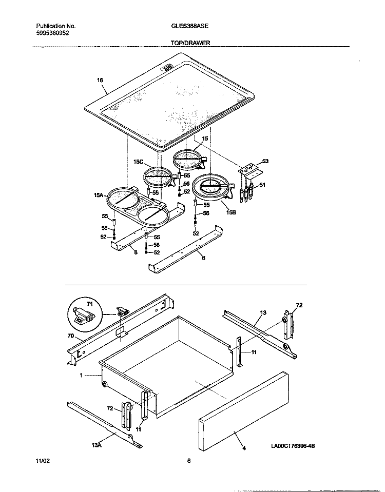 TOP / DRAWER Diagram and Parts List for GLES388ASE  Frigidaire Range