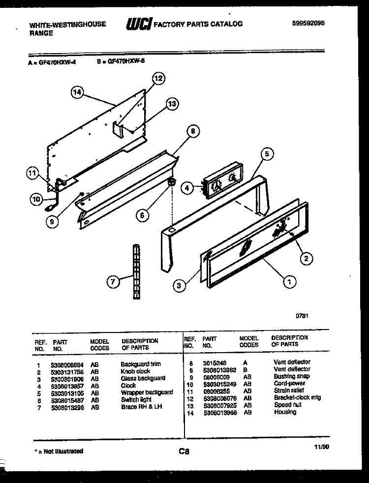 BACKGUARD Diagram and Parts List for GF470HXD5  Frigidaire Range