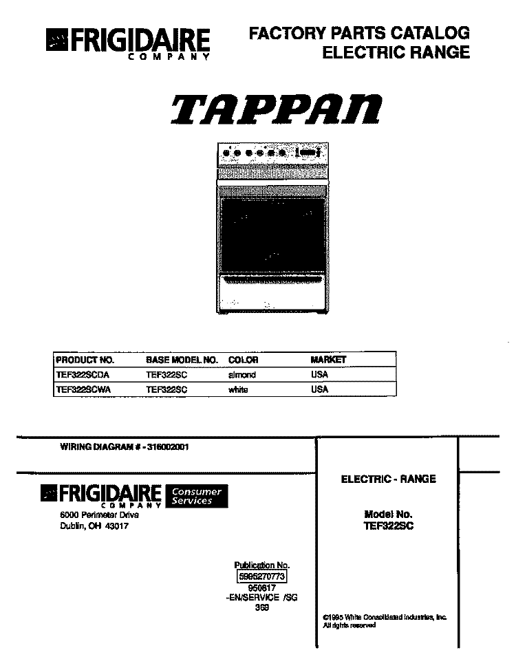 COVER Diagram and Parts List for TEF322SCWA  Tappan Range
