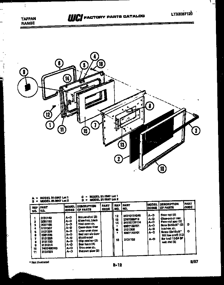 DOOR PARTS Diagram and Parts List for 31-3647-66-02  Tappan Range