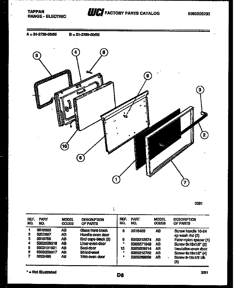 DOOR PARTS Diagram and Parts List for 31-2759-00-03  Tappan Range