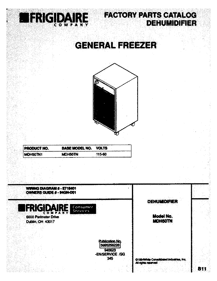 COVER Diagram and Parts List for MDH50TN1  Frigidaire Dehumidifier