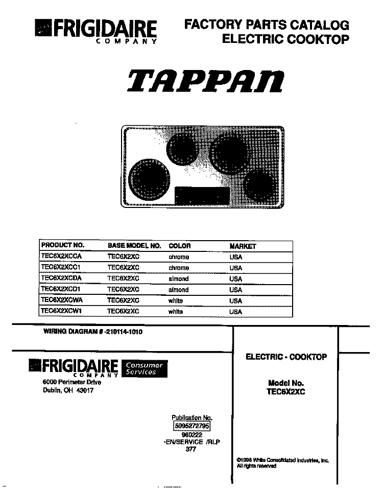 COVER Diagram and Parts List for TEC6X2XCDA  Tappan Cooktop