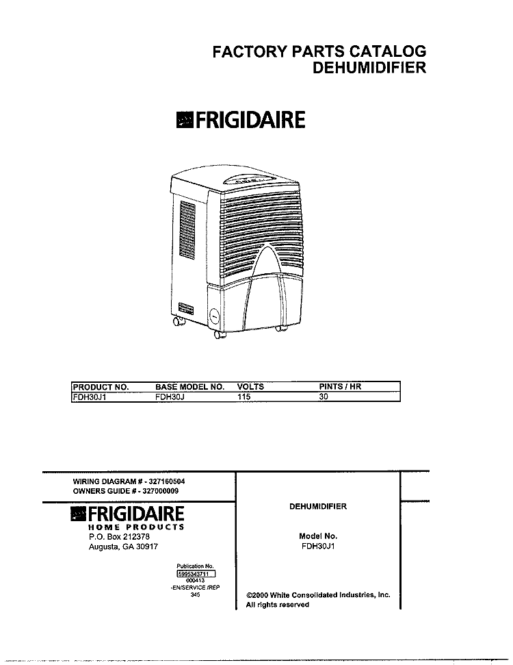 COVER Diagram and Parts List for FDH30J1  Frigidaire Dehumidifier