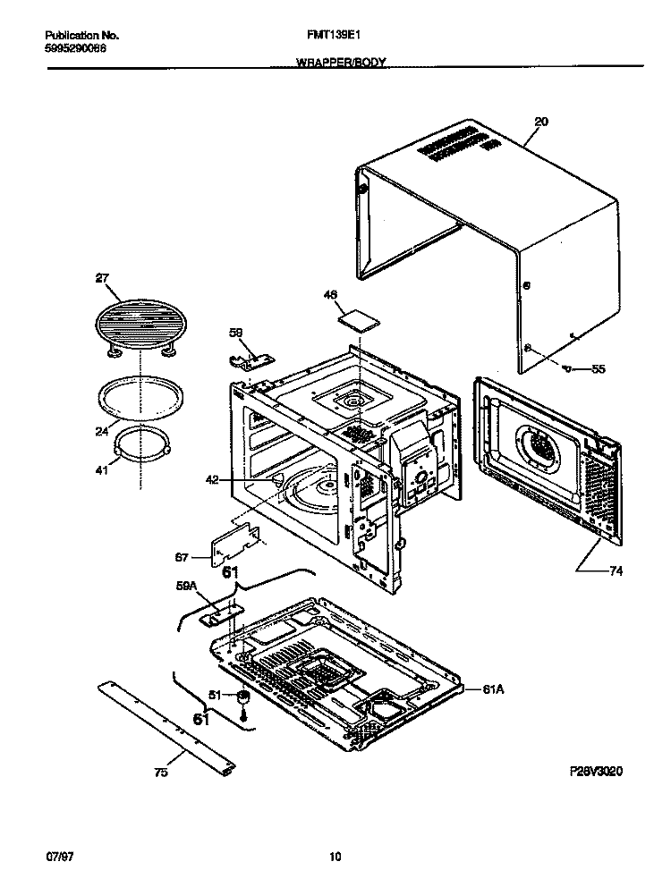 WRAPPER / BODY Diagram and Parts List for FMT139E1W0  Frigidaire Microwave