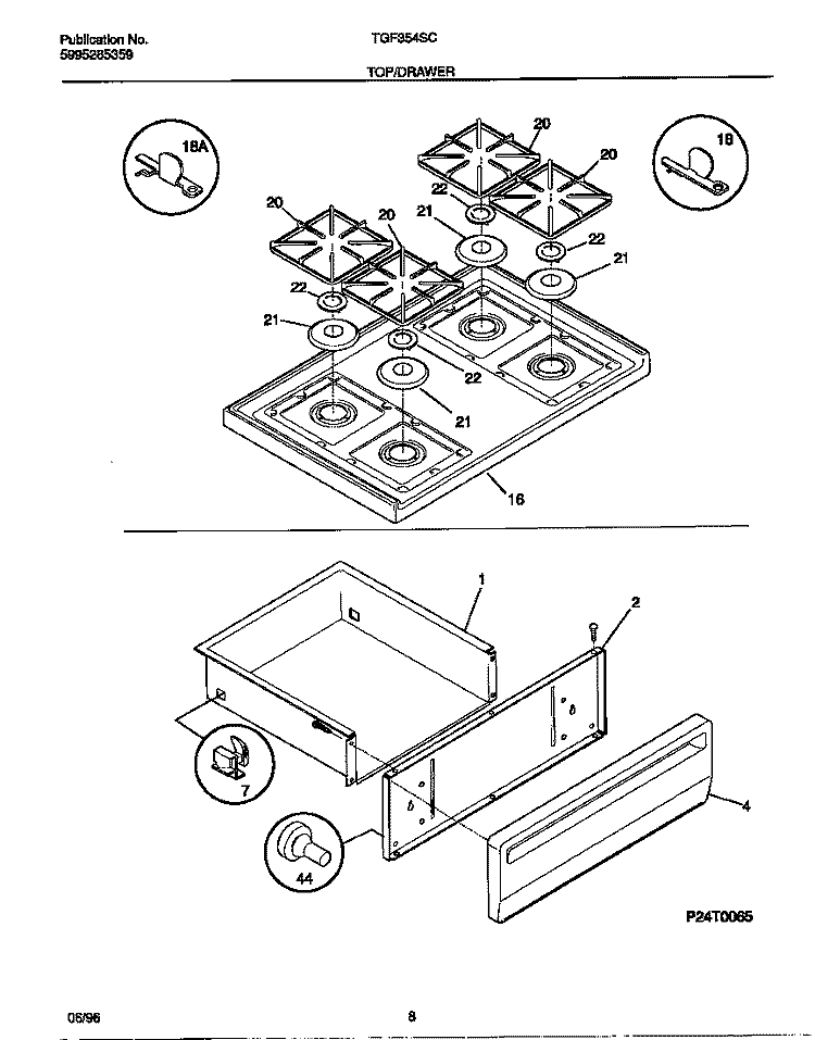 TOP / DRAWER Diagram and Parts List for TGF354SCWC  Tappan Range