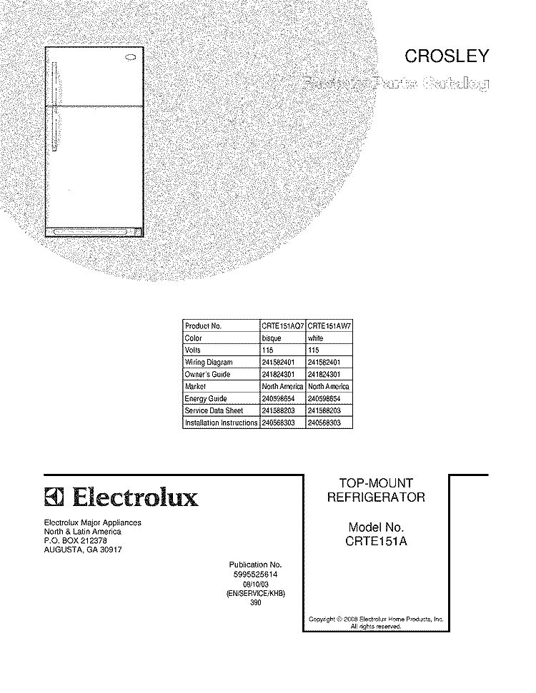 COVER Diagram and Parts List for CRTE151AQ7  Crosley Refrigerator