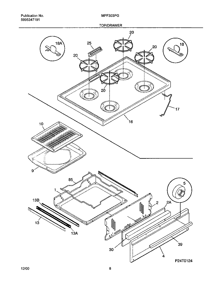TOP / DRAWER Diagram and Parts List for MPF303PGDF  Uni Range