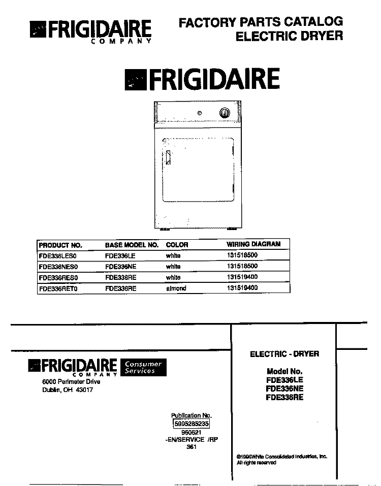 COVER Diagram and Parts List for FDE336RET0  Frigidaire Dryer