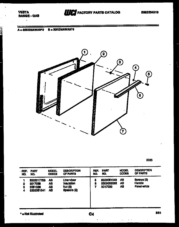DOOR PARTS Diagram and Parts List for 30KGMAWAN4  Tappan Range