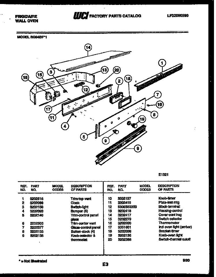 CONTROL PANEL Diagram and Parts List for RG94BFB1  Frigidaire Wall Oven