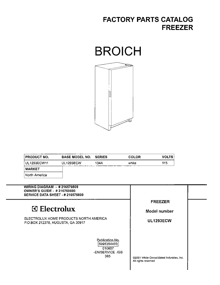 COVER Diagram and Parts List for UL1293ECW11  Electrolux Freezer