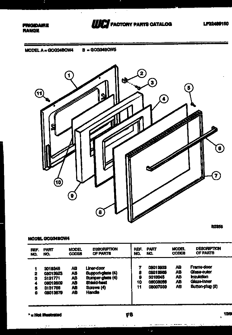 DOOR PARTS Diagram and Parts List for GCG34BCW5  Frigidaire Range