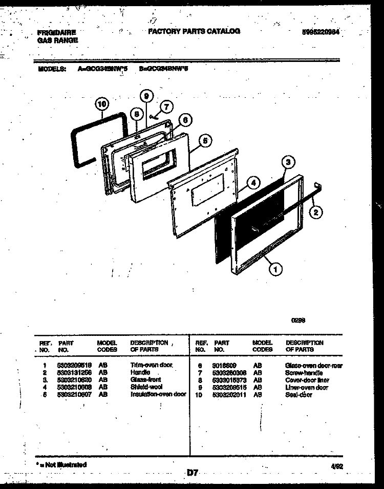 DOOR PARTS Diagram and Parts List for GCG34BNL6  Frigidaire Range