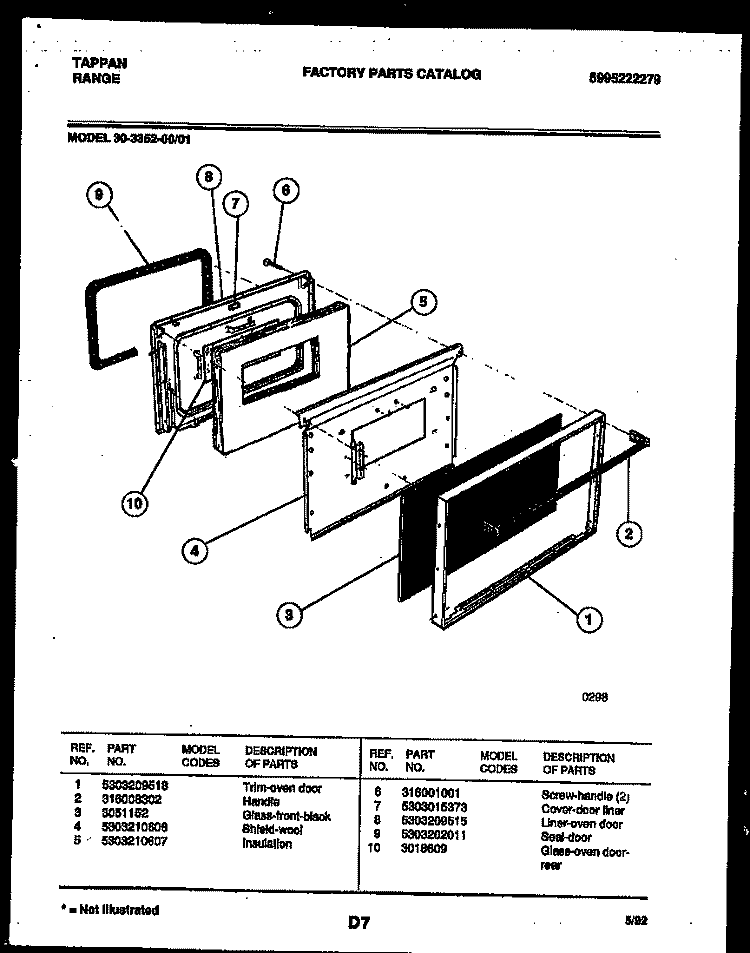 DOOR PARTS Diagram and Parts List for 30-3352-00-01  Tappan Range