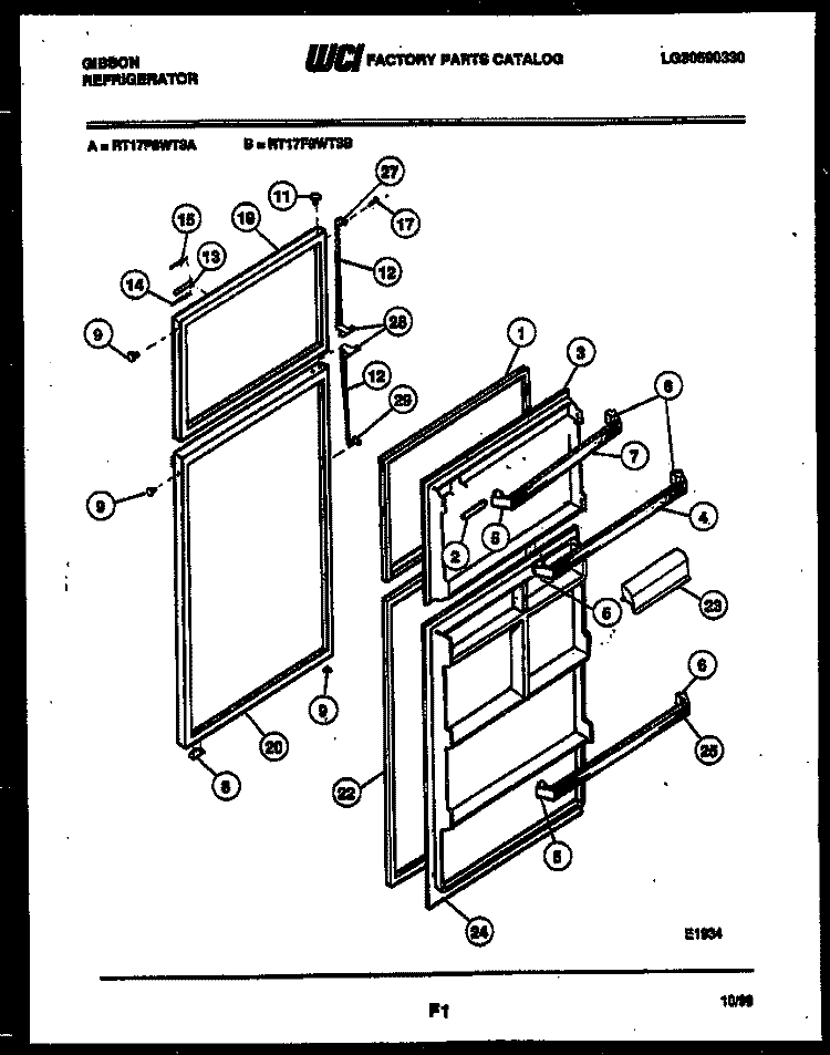 DOOR PARTS Diagram and Parts List for RT17F8WT3A  Gibson Refrigerator