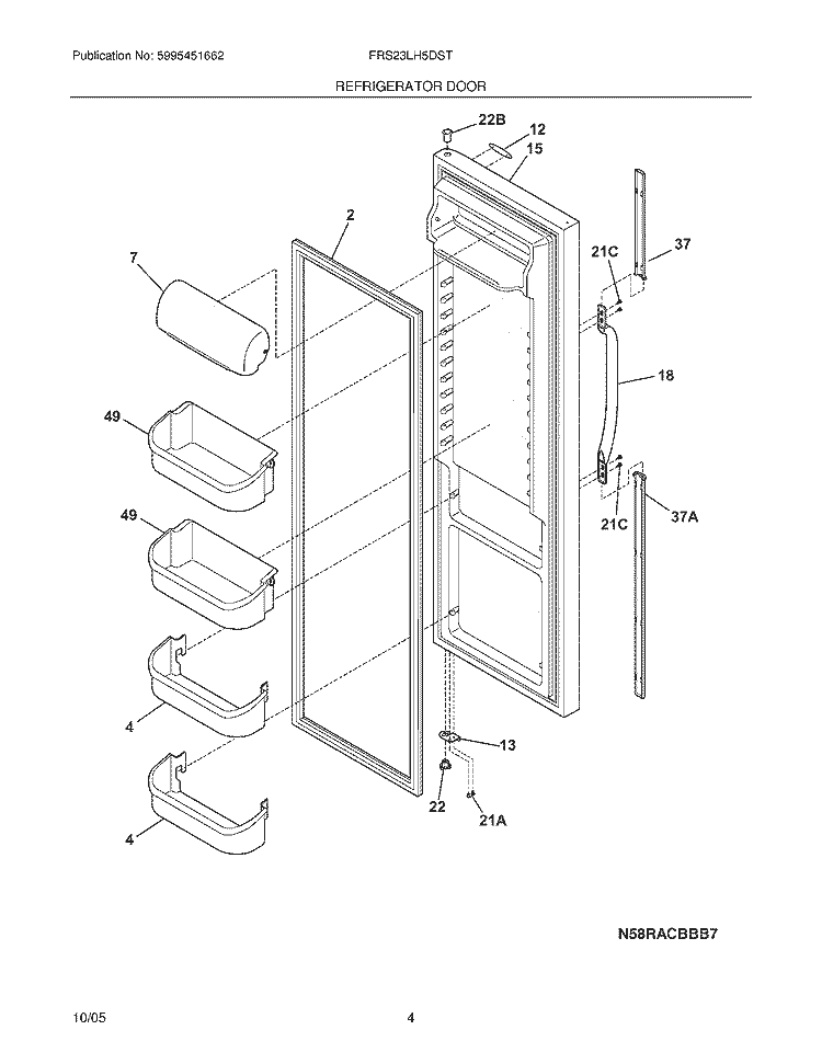 REFRIGERATOR DOOR Diagram and Parts List for FRS23LH5DST  Frigidaire Refrigerator