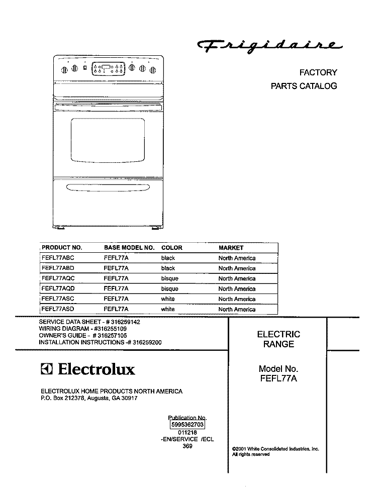 COVER Diagram and Parts List for FEFL77ABD  Frigidaire Range