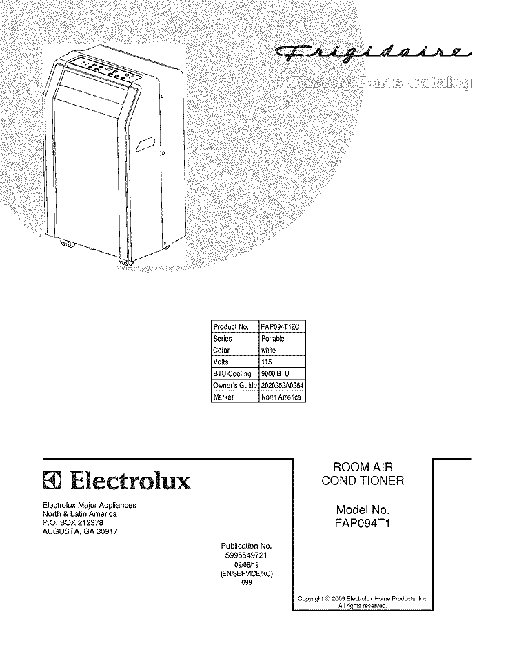 COVER Diagram and Parts List for FAP094T1ZC  Frigidaire Air Conditioner
