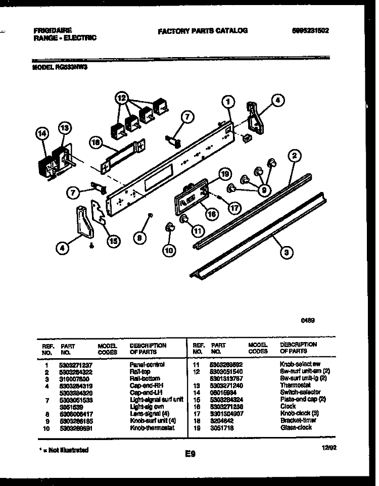 CONTROL PANEL Diagram and Parts List for RG533NW3  Frigidaire Range