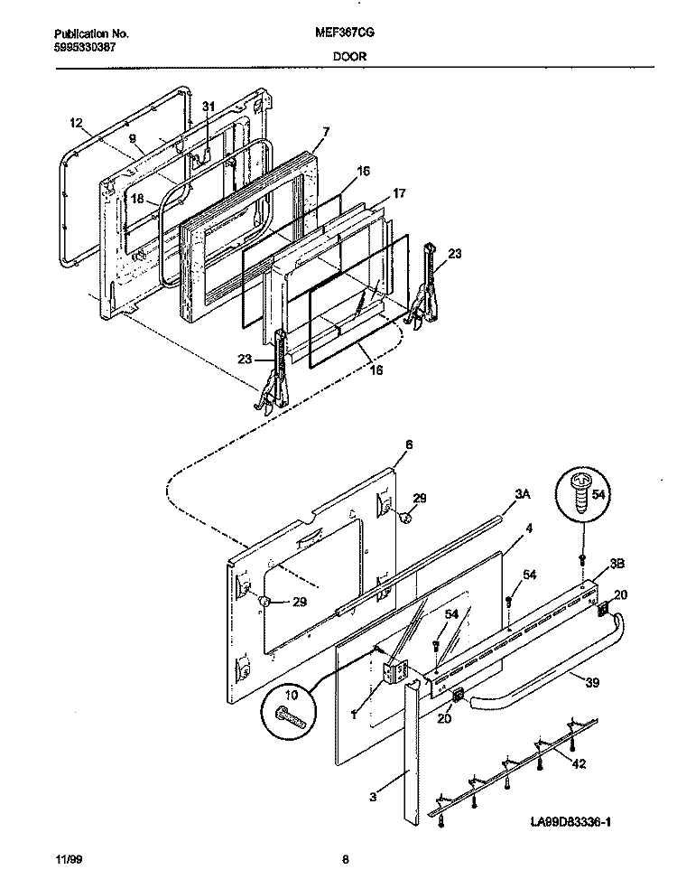 DOOR Diagram and Parts List for MEF367CGB5  Frigidaire Wall Oven