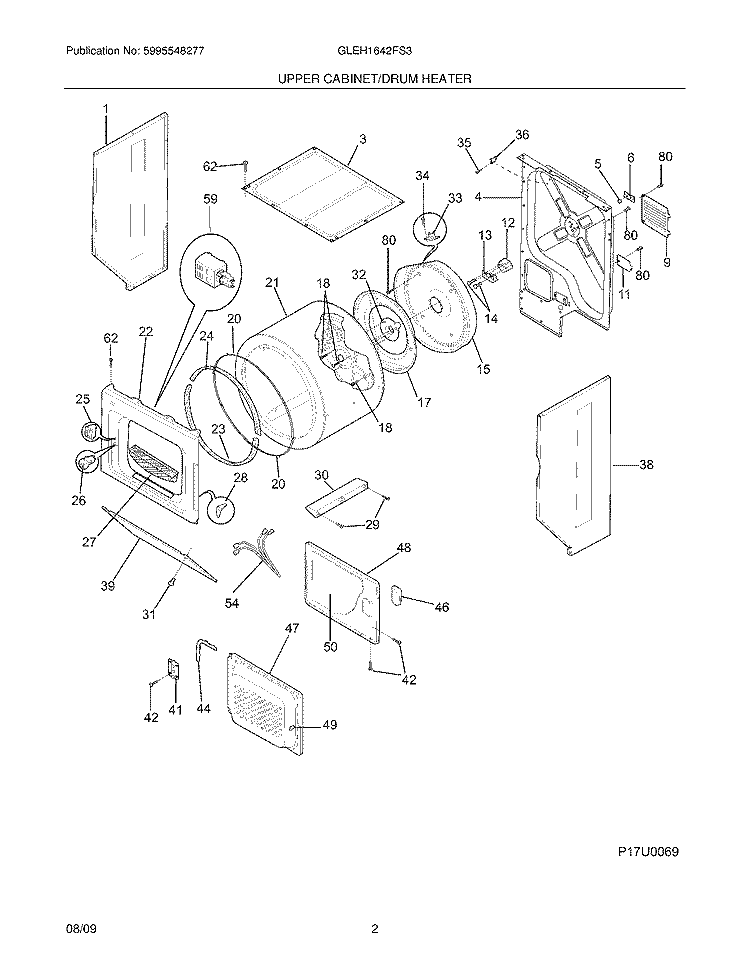 UPPER CABINET/DRUM HEATER Diagram and Parts List for GLEH1642FS3  Frigidaire Washer Dryer Combo