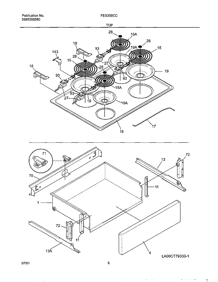 TOP Diagram and Parts List for FES355CCTK  Frigidaire Range