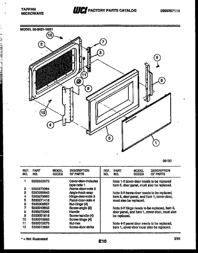 DOOR PARTS Diagram and Parts List for 56-8878-10-02  Tappan Microwave