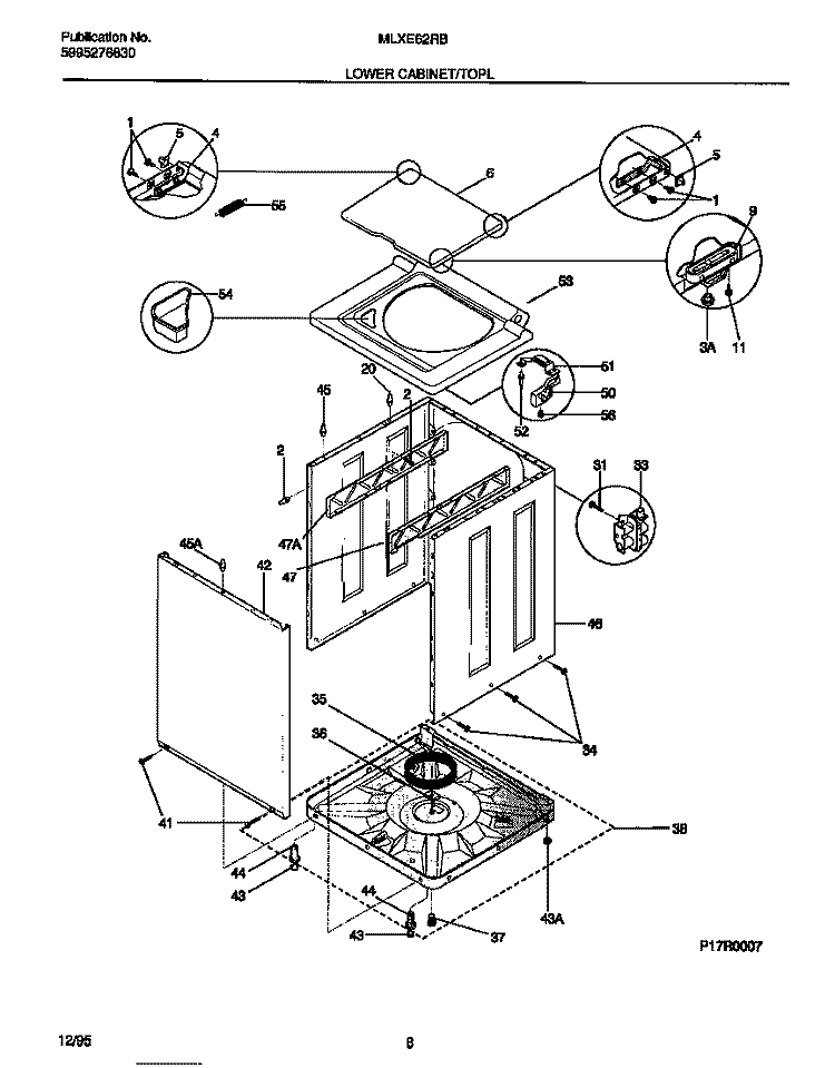 LOWER CABINET / TOP Diagram and Parts List for MLXE62RBW3  Frigidaire Washer Dryer Combo