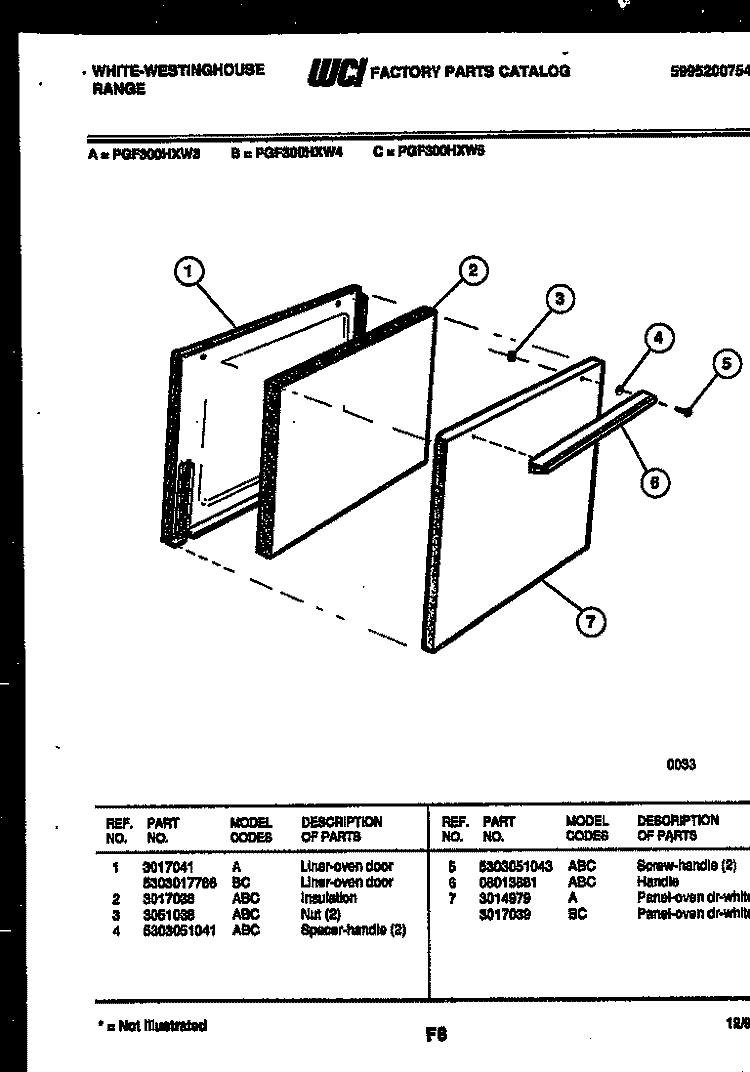 DOOR PARTS Diagram and Parts List for PGF300HXW3  Frigidaire Range