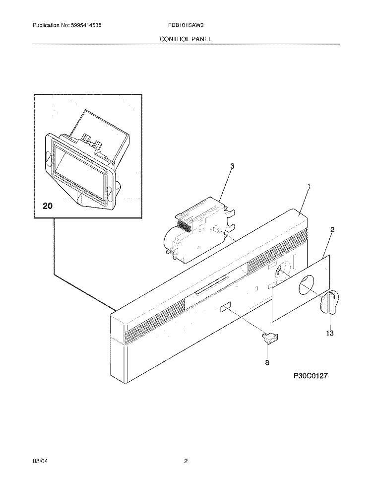 CONTROL PANEL Diagram and Parts List for FDB101SAW3  Frigidaire Dishwasher